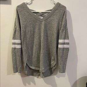 Gray V-Neck Sweater with White Stripes